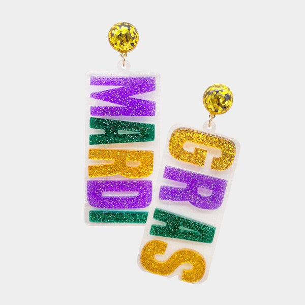 Mardi Gras Glittered Resin Dangle Earrings