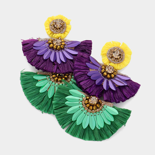 Mardi Gras Stone Pointed Raffia Fan Link Earrings