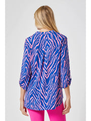 Dear Scarlett-Lizzy Medallion 3/4 Sleeve Wrinkle Free Blouse-Blue/Pink