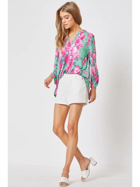 Dear Scarlett-Lizzy 3/4 Sleeve Lizzy Wrinkle Free Top-Mint Pink Floral