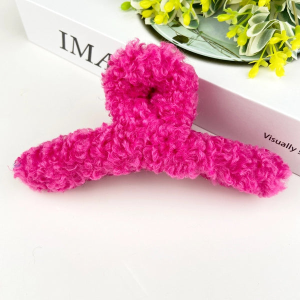 Lambswool Cross-Grabbing Hair Clip-Hot Pink