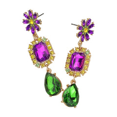 Mardi Gras Rectangle Teardrop Glass Stone Dangle Earrings