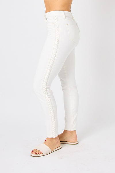 Judy Blue Mid Rise Braided Detail Relaxed Fit White Jean