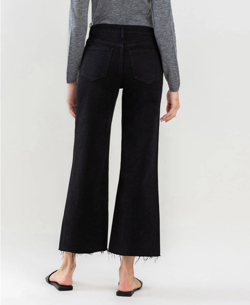 Carman High Rise Raw Hem Crop Wide Leg Jeans-Black