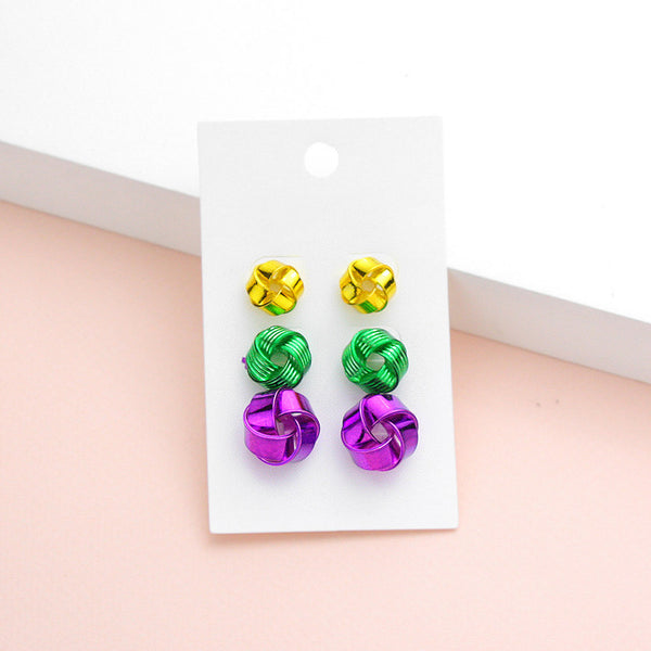 Mardi Gras Knot Stud Earrings 3 Pairs