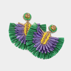 Mardi Gras Stone Raffia Fan Earrings