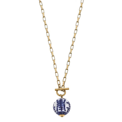 CANVAS  Laurel Chinoiserie T-Bar Necklace in Blue & White