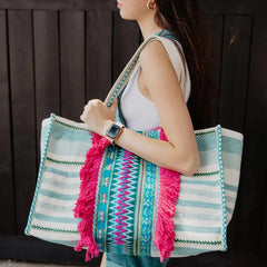 Aqua Blue and Green Striped Fringe Tote Beach Bag