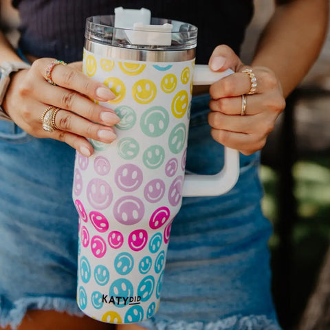 Pastel Happy Face Tumbler Cup with Handle