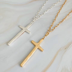 Hammered Cross Long Chain Necklace-Gold or Silver