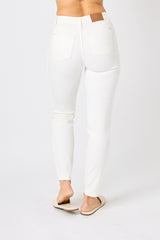 Judy Blue Mid Rise Braided Detail Relaxed Fit White Jean