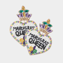 Mardi Gras Queen Message Beaded Dangle Earrings