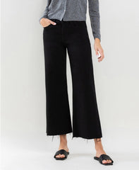 Carman High Rise Raw Hem Crop Wide Leg Jeans-Black