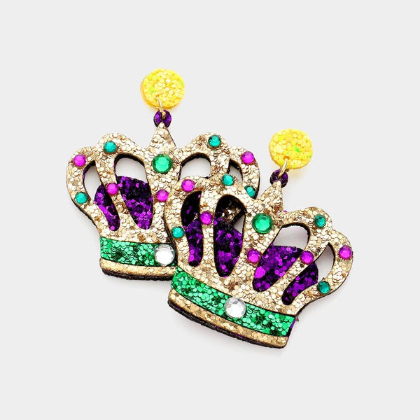 Mardi Gras Glittered Crown Earrings