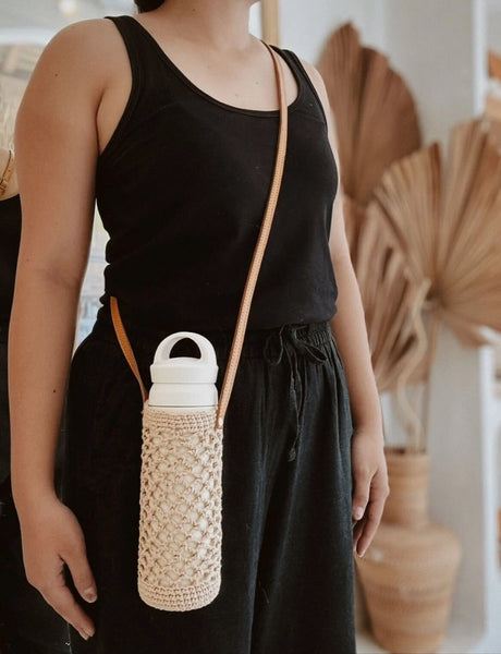 Crochet Cotton and Leather Water Bottle Holder