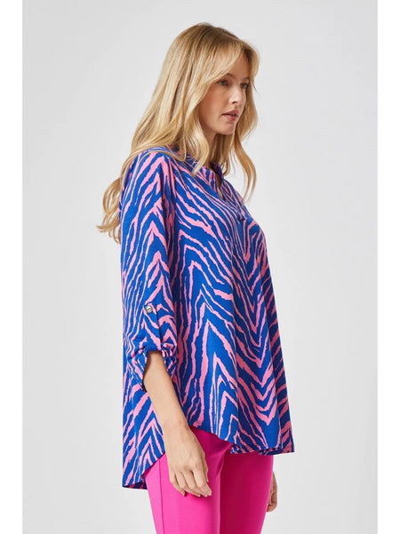 Dear Scarlett-Lizzy Medallion 3/4 Sleeve Wrinkle Free Blouse-Blue/Pink