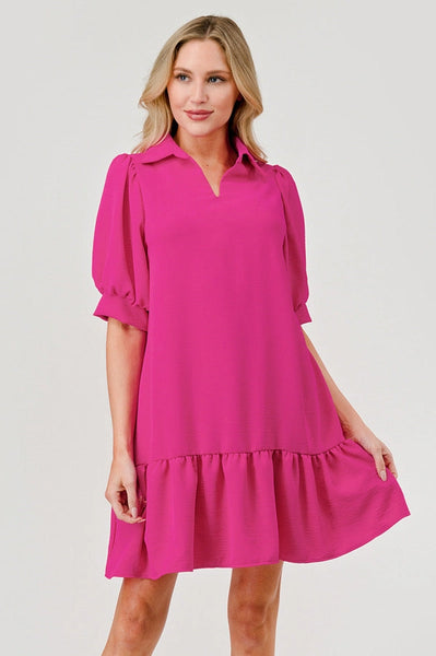 Lily Cuffed Short Sleeve Collared Dress with Ruffle-2 Colors