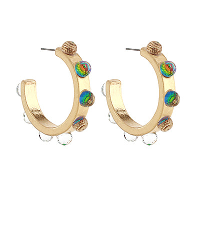 Vitrail Greenl & Gold Crystal Ball Dotted Metal Hoops