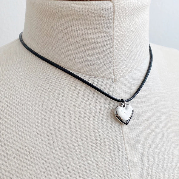 Black Cord Heart Drop Necklace-Gold or Silver