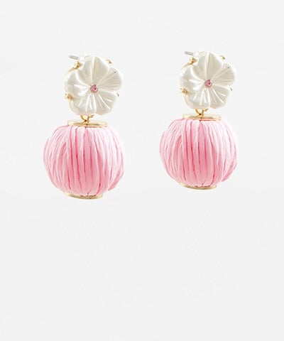 Flower and Raffia Ball Earrings