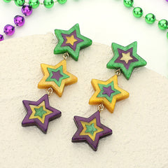 Glittered Resin Mardi Gras Triple Star Link Dropdown Earring