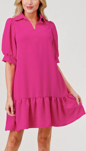 Lily Cuffed Short Sleeve Collared Dress with Ruffle-2 Colors