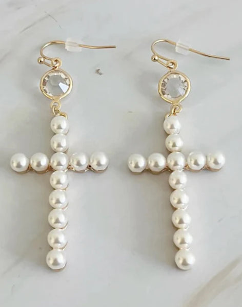 Pearl Cross Dangle Earrings