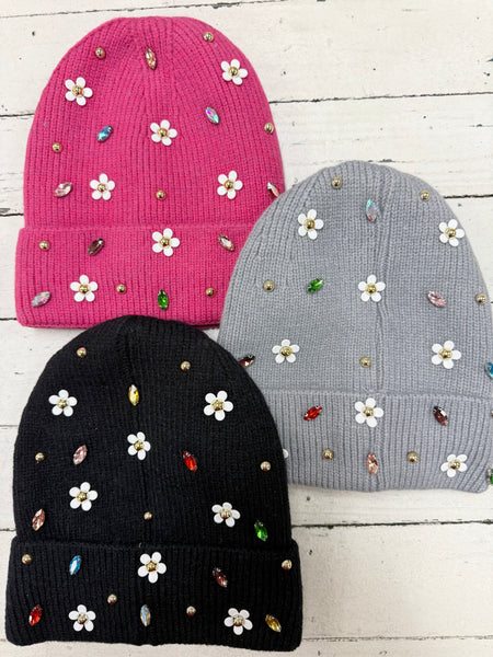 Daisy Flower Knit Beanie-3 Colors