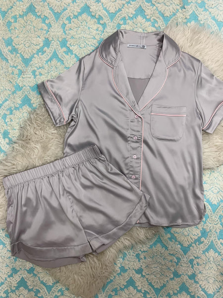 Amanda Blue Silver Grey Satin Pajama Seperates