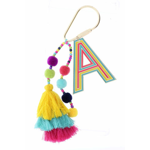 Jane Marie Enamel Keychain with Initial, Pom Poms and Tassel