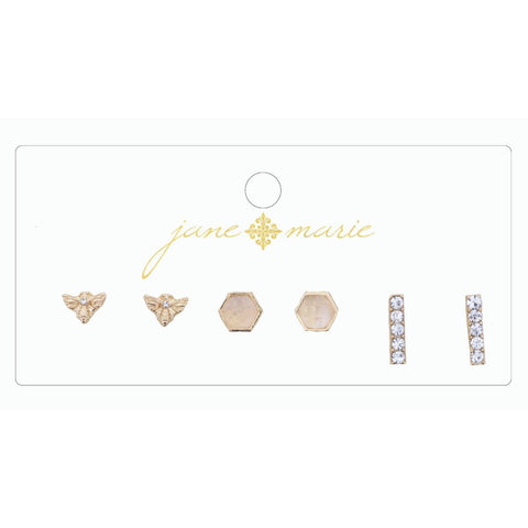 Jane Marie 3 STUD, BEE, RHINESTONE BAR, AND ROSE QUARTZ HEXAGON EARRING