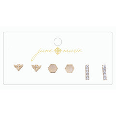 Jane Marie 3 STUD, BEE, RHINESTONE BAR, AND ROSE QUARTZ HEXAGON EARRING