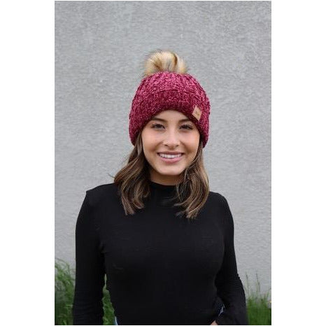 Chenille Beanie Fur Pom Pom