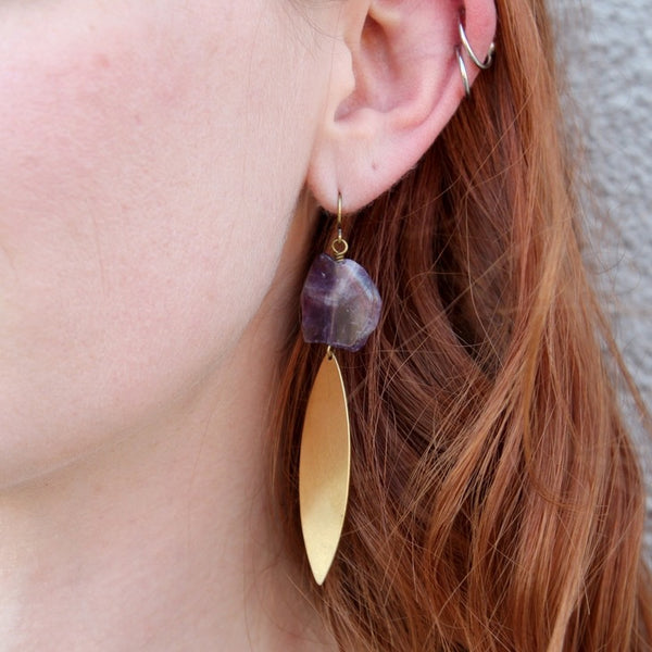 Amethyst and Brass Drop Earrings