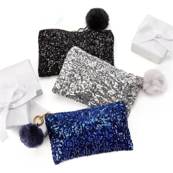 Sequin Bag with Fur Pom Pom