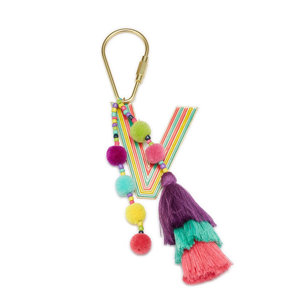 Jane Marie Enamel Keychain with Initial, Pom Poms and Tassel