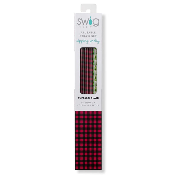 Swig Buffalo Plaid + Trees Reusable Straw Set