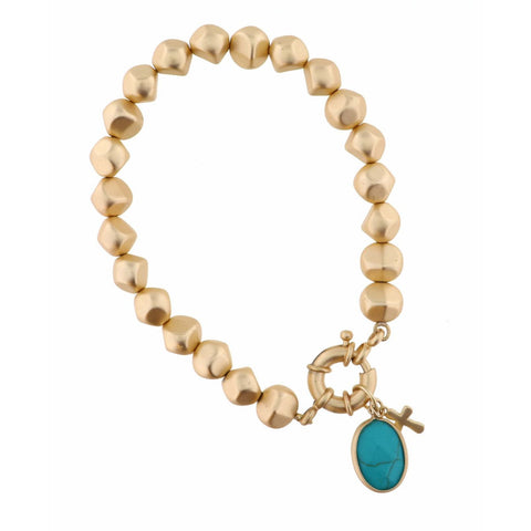 Jane Marie TURQUOISE OVAL WITH CROSS CHARM ON GOLD BEADED STRAND BRACELET