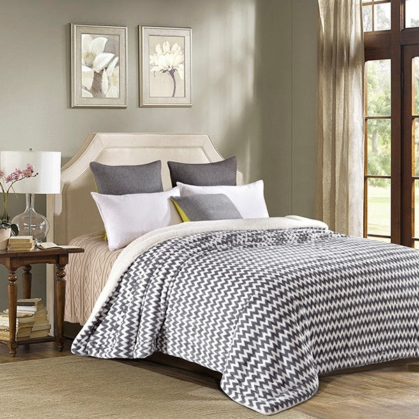 Grey Chevron Faux Fur Luxury Filled Plush Blanket - King Size