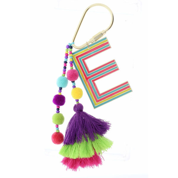 Jane Marie Enamel Keychain with Initial, Pom Poms and Tassel