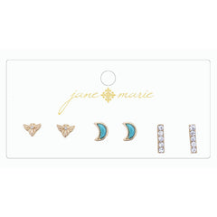 Jane Marie 3 PAIR STUD, TURQUOISE MOON, RHINESTONE BAR, AND BEE EARRING