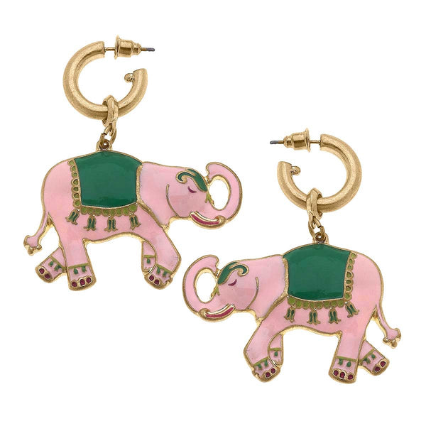 Livy Enamel Elephant Earrings in Pink & Green