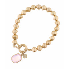 Jane Marie ROSE ROUNDED RECTANGLE WITH HEART CHARM ON GOLD BEADED STRAND BRACELET