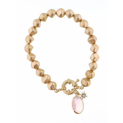 Jane Marie ROSE OVAL WITH STARBURST CHARM ON GOLD BEADED STRAND BRACELET