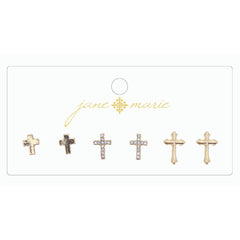 Jane Marie 3 PAIR STUD, GOLD CROSS, RHINESTONE CROSS, AND STAMPED CROSS EARRING