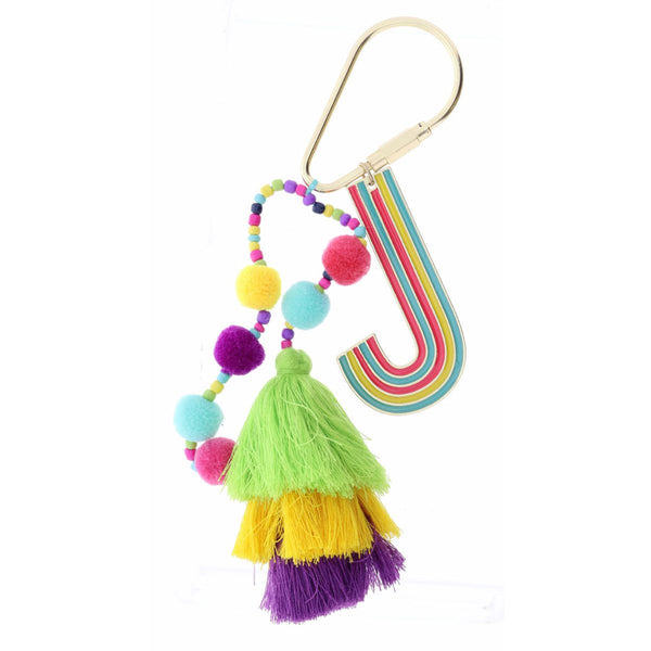 Jane Marie Enamel Keychain with Initial, Pom Poms and Tassel