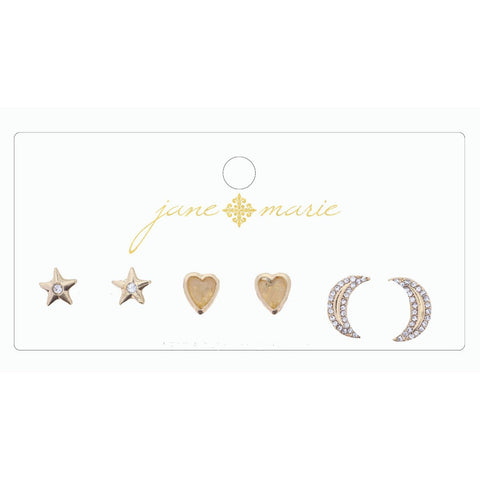 Jane Marie 3 STUD, NATURAL HEART, RHINESTONE MOON, AND STAR EARRING