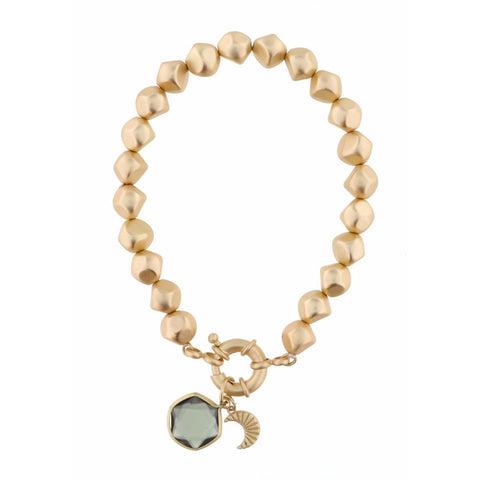 Jane Marie SMOKEY HEXAGON WITH MOON CHARM ON GOLD BEADED STRAND BRACELET