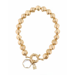 Jane Marie CLEAR HEXAGON WITH PADLOCK CHARM ON GOLD BEADED STRAND BRACELET