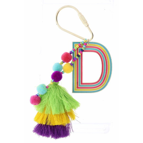 Jane Marie Enamel Keychain with Initial, Pom Poms and Tassel